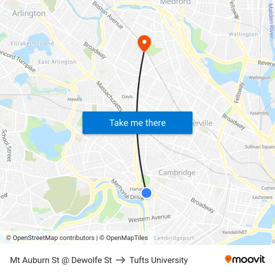 Mt Auburn St @ Dewolfe St to Tufts University map