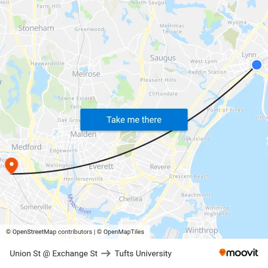 Union St @ Exchange St to Tufts University map