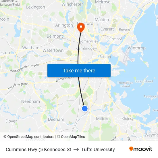 Cummins Hwy @ Kennebec St to Tufts University map