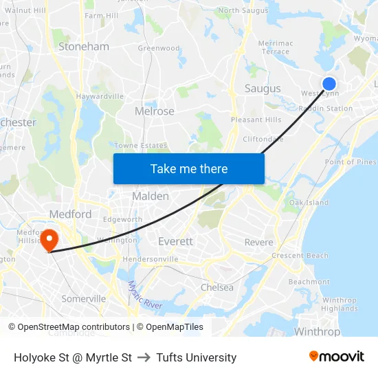 Holyoke St @ Myrtle St to Tufts University map