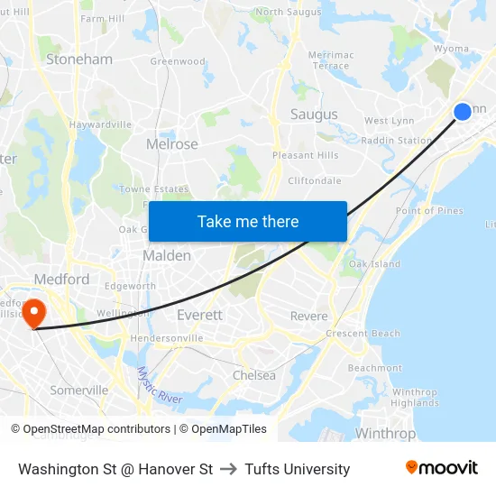 Washington St @ Hanover St to Tufts University map