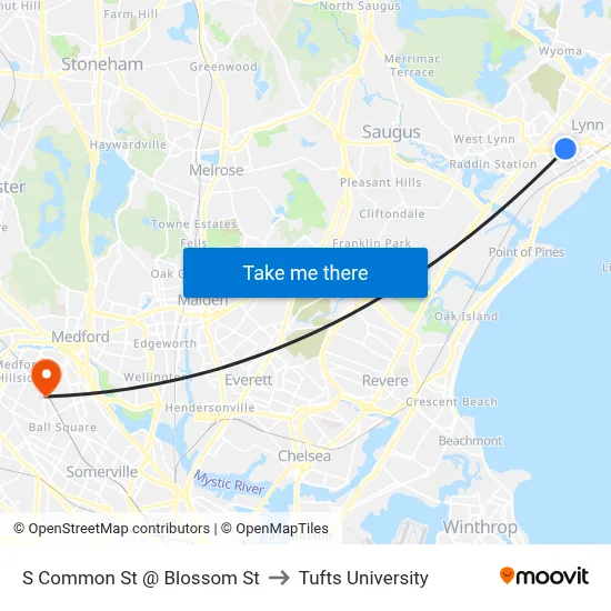S Common St @ Blossom St to Tufts University map