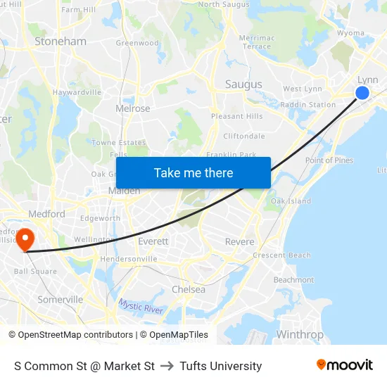 S Common St @ Market St to Tufts University map