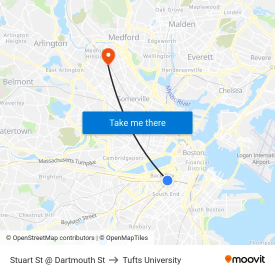 Stuart St @ Dartmouth St to Tufts University map