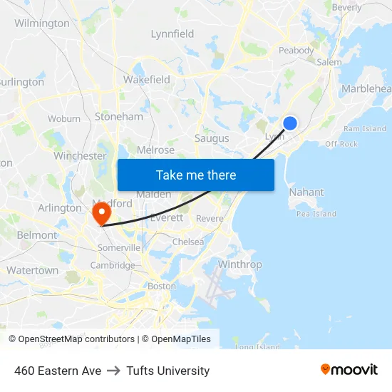 460 Eastern Ave to Tufts University map