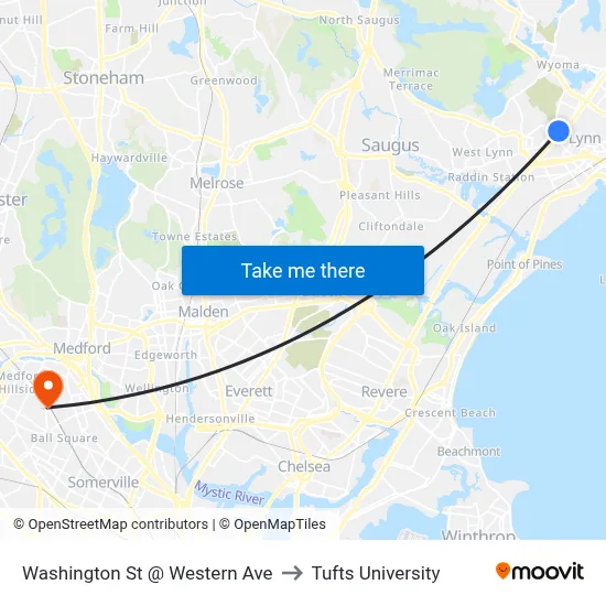 Washington St @ Western Ave to Tufts University map