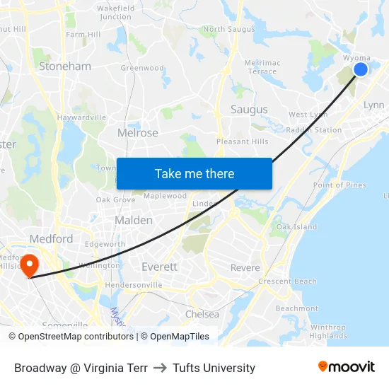 Broadway @ Virginia Terr to Tufts University map