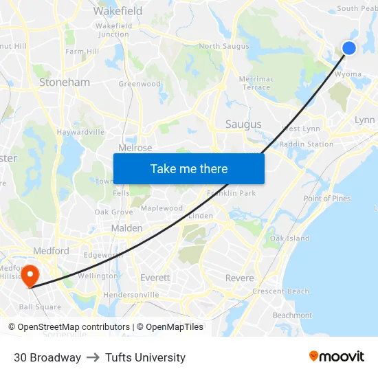 30 Broadway to Tufts University map