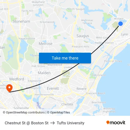 Chestnut St @ Boston St to Tufts University map