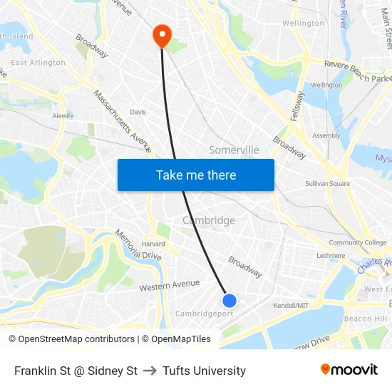 Franklin St @ Sidney St to Tufts University map