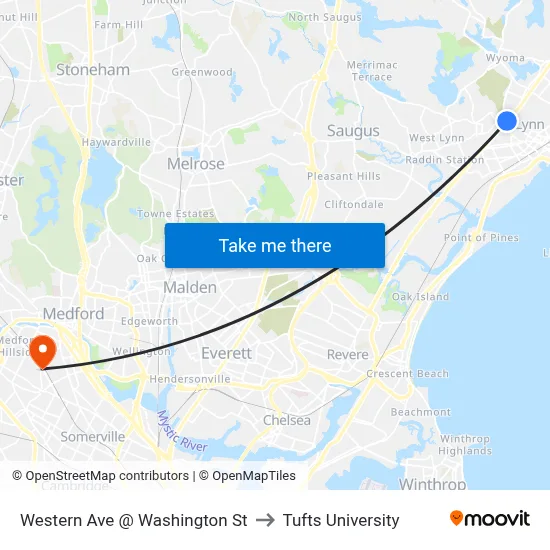 Western Ave @ Washington St to Tufts University map