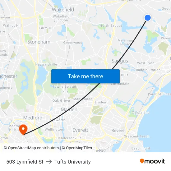 503 Lynnfield St to Tufts University map