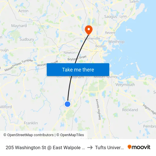 205 Washington St @ East Walpole Loop to Tufts University map