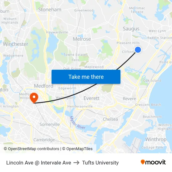 Lincoln Ave @ Intervale Ave to Tufts University map