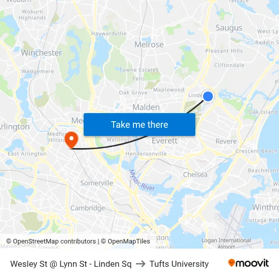 Wesley St @ Lynn St - Linden Sq to Tufts University map