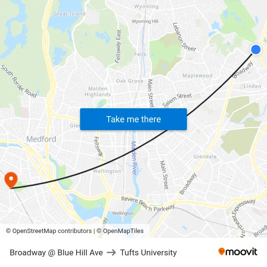 Broadway @ Blue Hill Ave to Tufts University map