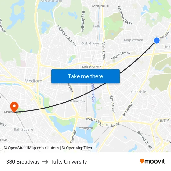 380 Broadway to Tufts University map