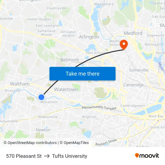 570 Pleasant St to Tufts University map