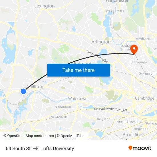 64 South St to Tufts University map