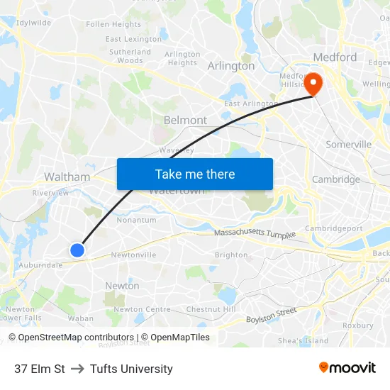 37 Elm St to Tufts University map