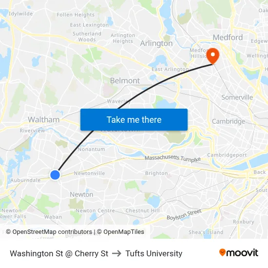 Washington St @ Cherry St to Tufts University map