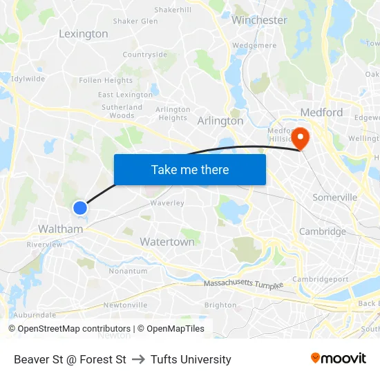 Beaver St @ Forest St to Tufts University map