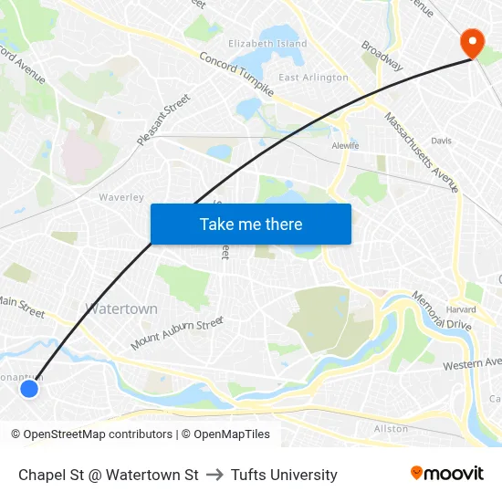 Chapel St @ Watertown St to Tufts University map