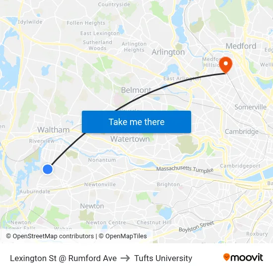 Lexington St @ Rumford Ave to Tufts University map