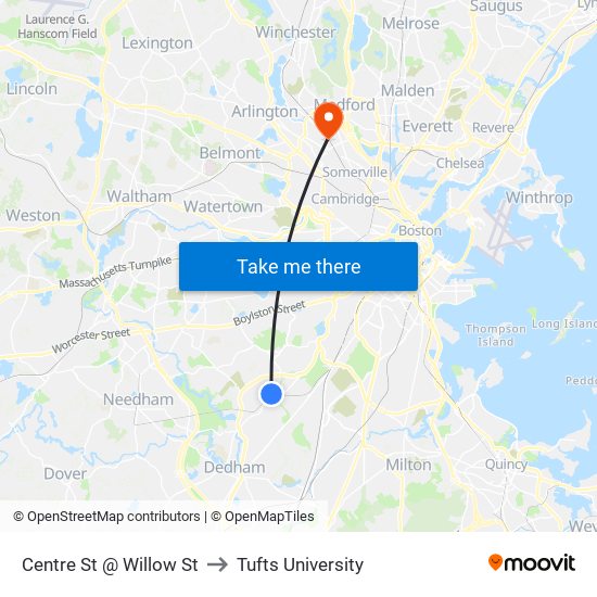 Centre St @ Willow St to Tufts University map