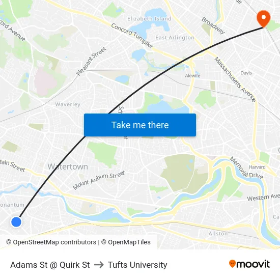 Adams St @ Quirk St to Tufts University map