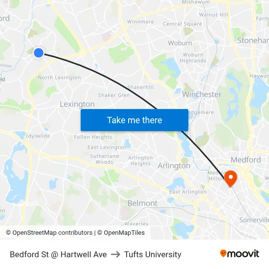 Bedford St @ Hartwell Ave to Tufts University map