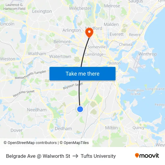 Belgrade Ave @ Walworth St to Tufts University map