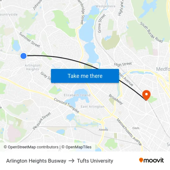 Arlington Heights Busway to Tufts University map