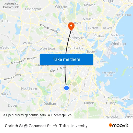 Corinth St @ Cohasset St to Tufts University map