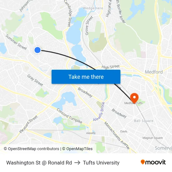 Washington St @ Ronald Rd to Tufts University map