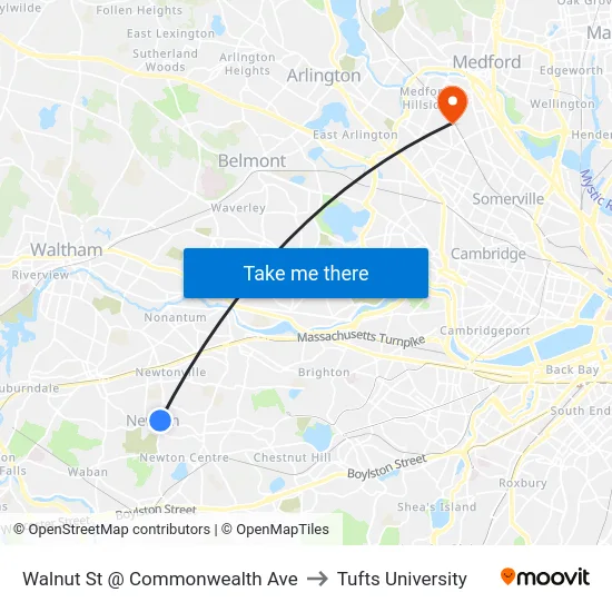 Walnut St @ Commonwealth Ave to Tufts University map