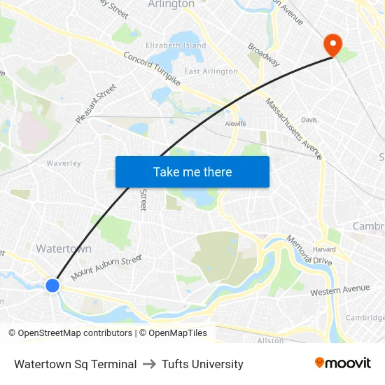 Watertown Sq Terminal to Tufts University map