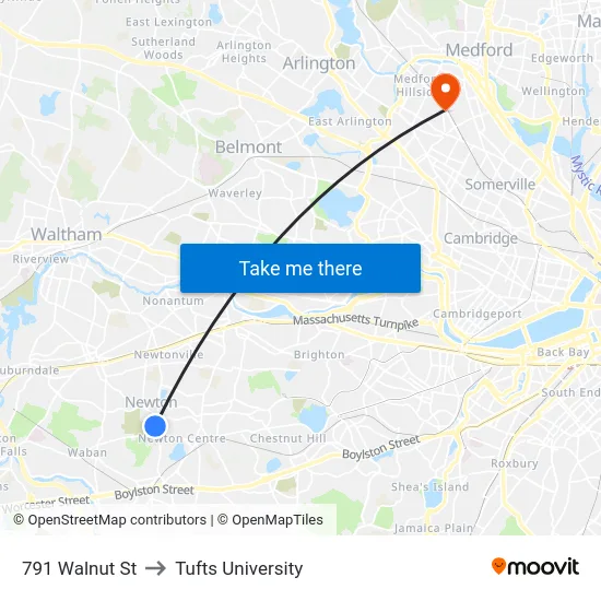 791 Walnut St to Tufts University map