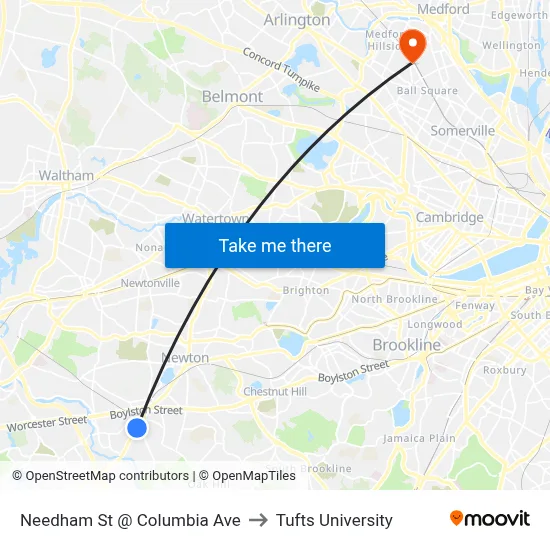 Needham St @ Columbia Ave to Tufts University map