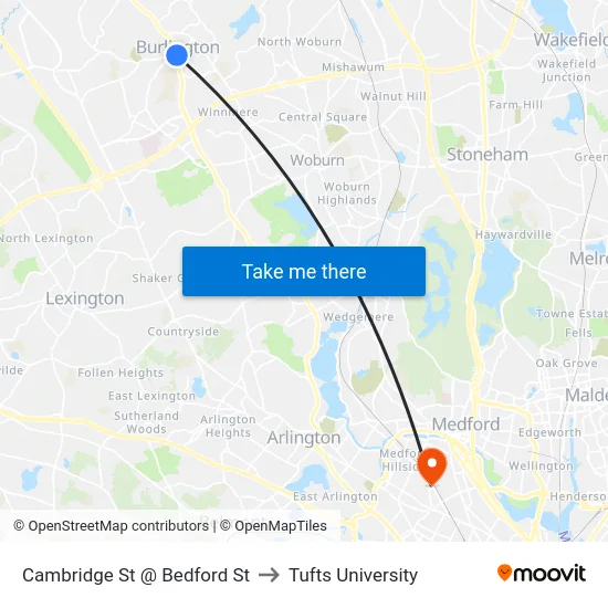 Cambridge St @ Bedford St to Tufts University map