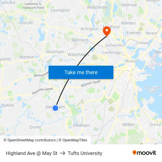 Highland Ave @ May St to Tufts University map