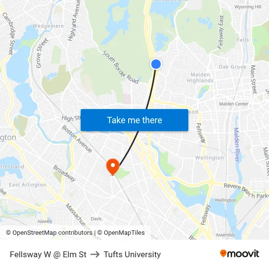 Fellsway W @ Elm St to Tufts University map