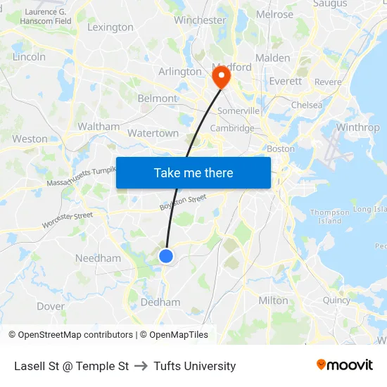 Lasell St @ Temple St to Tufts University map