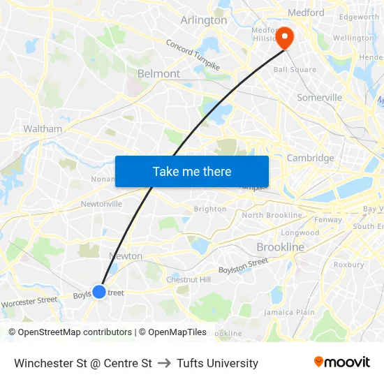 Winchester St @ Centre St to Tufts University map