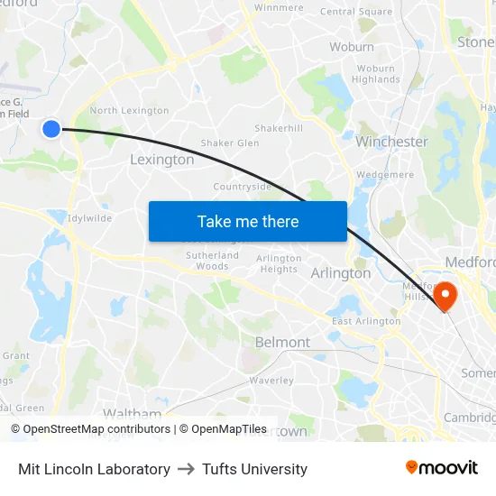 Mit Lincoln Laboratory to Tufts University map