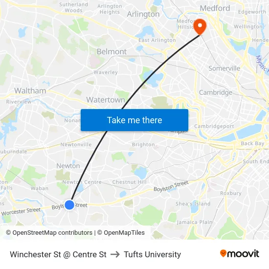 Winchester St @ Centre St to Tufts University map