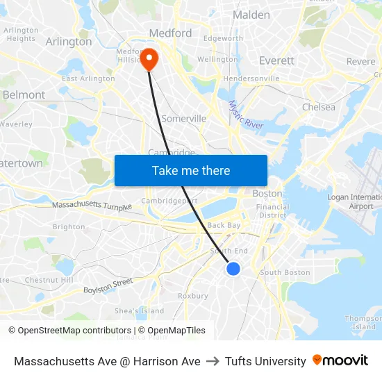 Massachusetts Ave @ Harrison Ave to Tufts University map