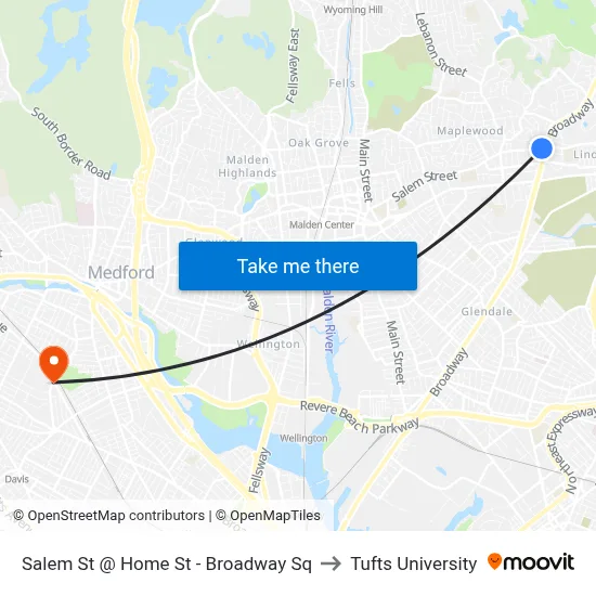 Salem St @ Home St - Broadway Sq to Tufts University map