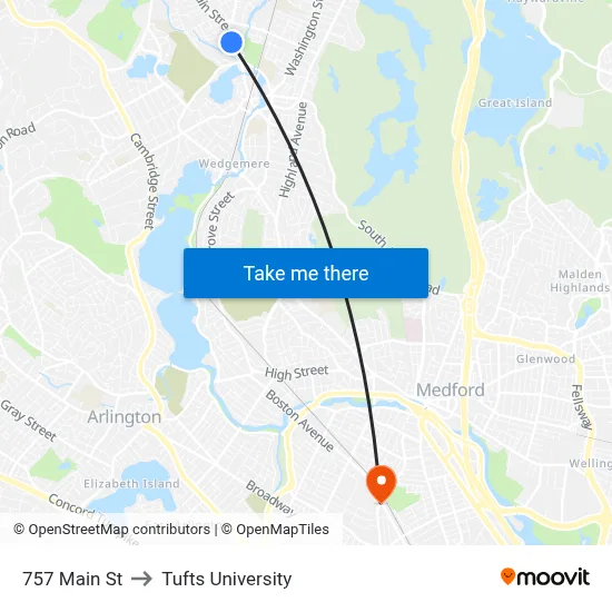 757 Main St to Tufts University map