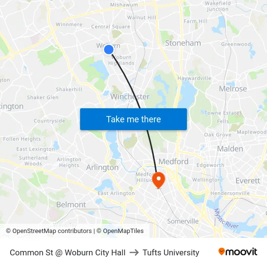 Common St @ Woburn City Hall to Tufts University map